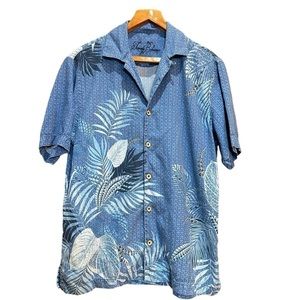 Tommy Bahama Mens Size M 100% Silk Blue Palm Hawaiian Button-down Shirt